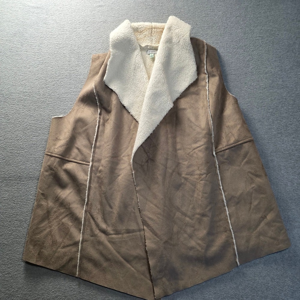 Susina Open Front Vest Womens 2X Taupe Faux Suede Sherpa Lined Boho Western Cozy